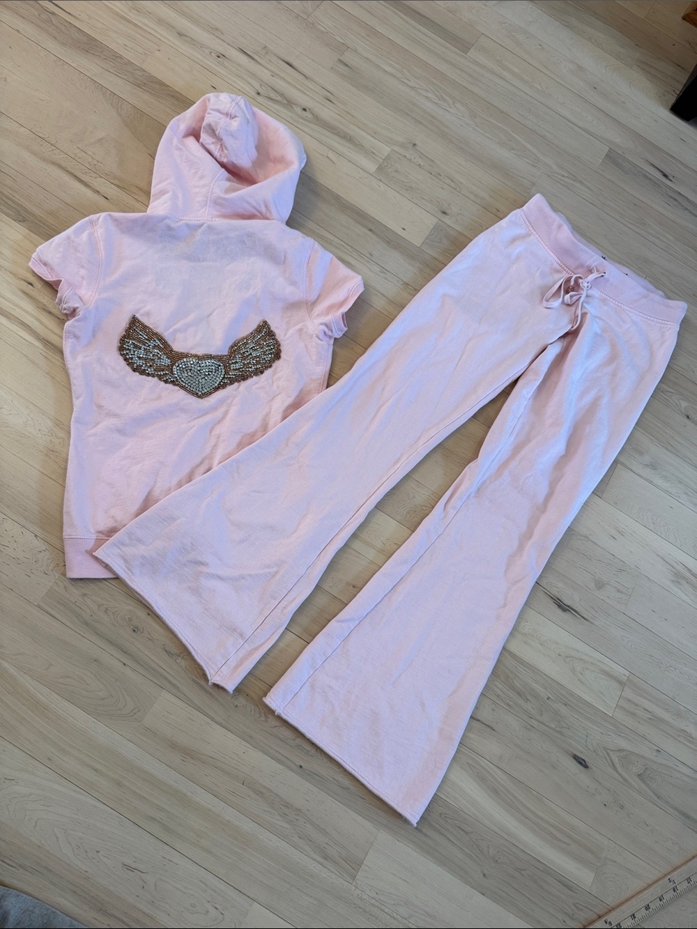 Pink Winged Heart Bling Set-Hoodie & Flare Pants-Y2K-S-Twisted Heart